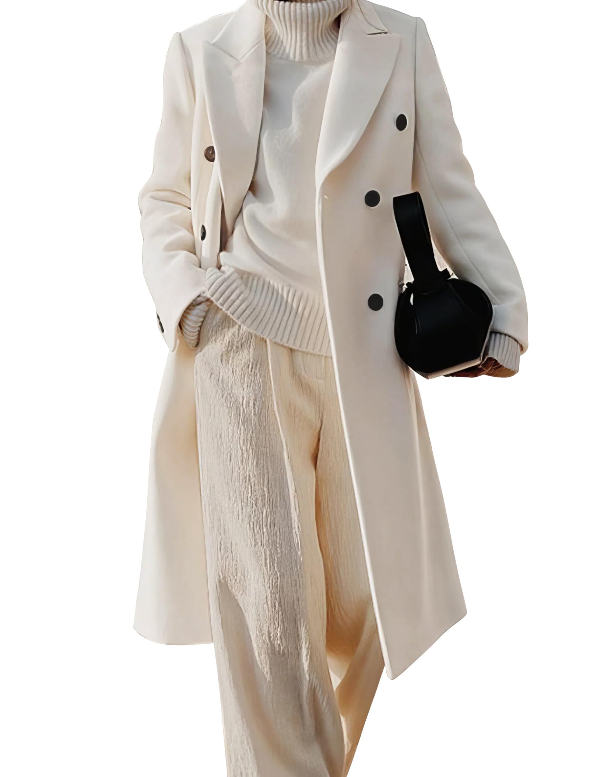 Photo 1 of IDEALSANXUN Long Wool Coats for Women 2026 Peacoat Double Breasted Trench Coats Fall Fashion Outfits Winter Clothes Overcoat Dress Jackets, White, S