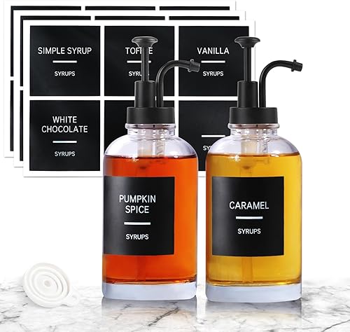 Dispensador de jarabe de café para barra de café, juego de 2 botellas de jarabe de vidrio simple con bomba y etiquetas, dispensador de jarabe de