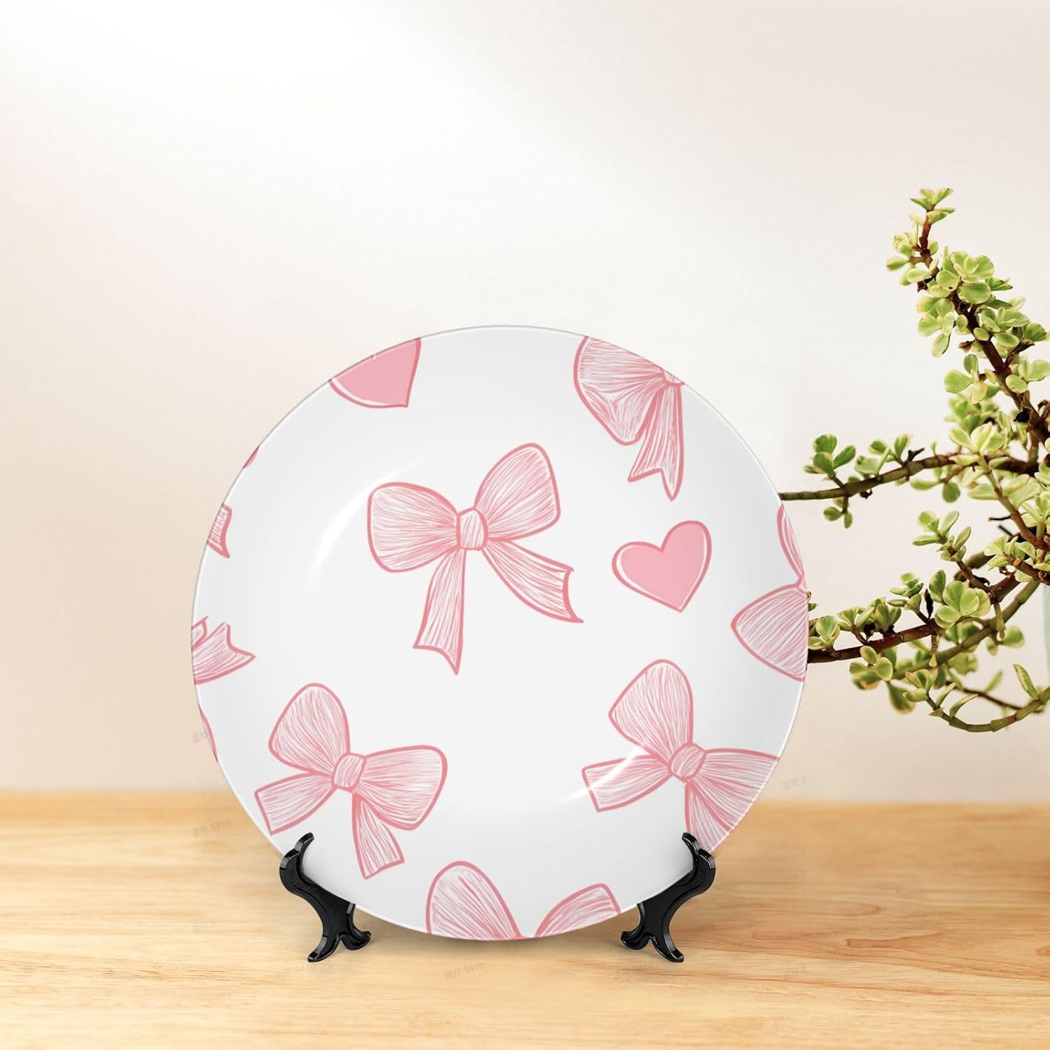 Pink Bows Hearts Style Ceramic Plate Display Home Display With Stand Wall Hanging Plate For Home Decor 10 Inch