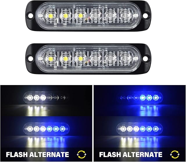 RIGIDON 2 Pcs 4.3 Inch 6 LED Safety Emergency Flashing Lights, 12V 24V White Blue Strobe Hazard Warning Light, Breakdown Beacon Led Light Bar for Car Truck Off road SUV ATV UTE 4x4, Fog Lamps