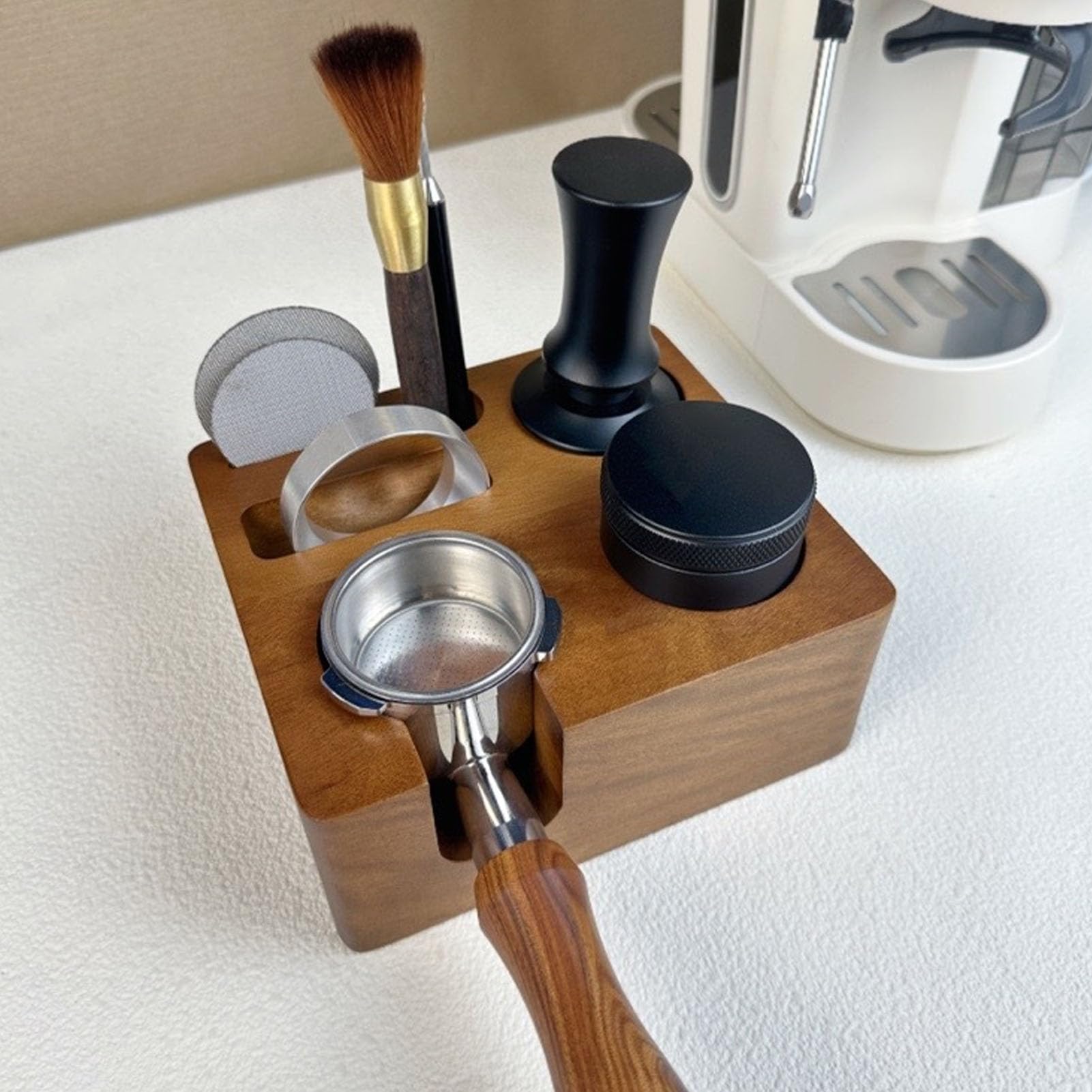 Estación de apisonamiento de espresso, soporte multifuncional de madera para café para portafiltro, manipulador y distribuidor de 58 mm