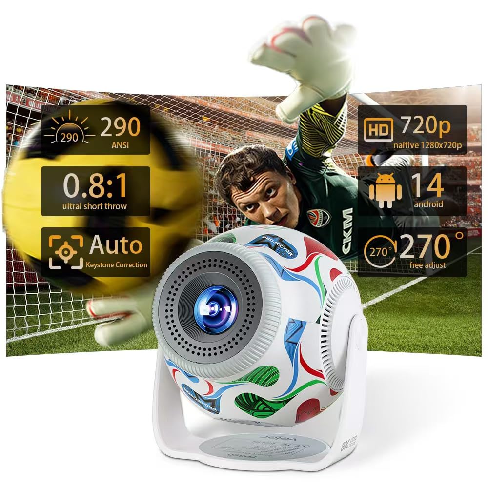 Proiettore compatto 2026, con supporto fino a 8K e 290 ANSI, rotabile di 270° con correzione automatica della distorsione verticale, WiFi 6 e Bluetooth 5.4