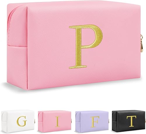 Miniatura 68 de Bolsa de Maquillaje con Inicial de Regalo Personalizado, Bolsa de Cosméticos Preppy con Letra Bordada Dorada, Rellenos de Calcetín para Chicas Blanco