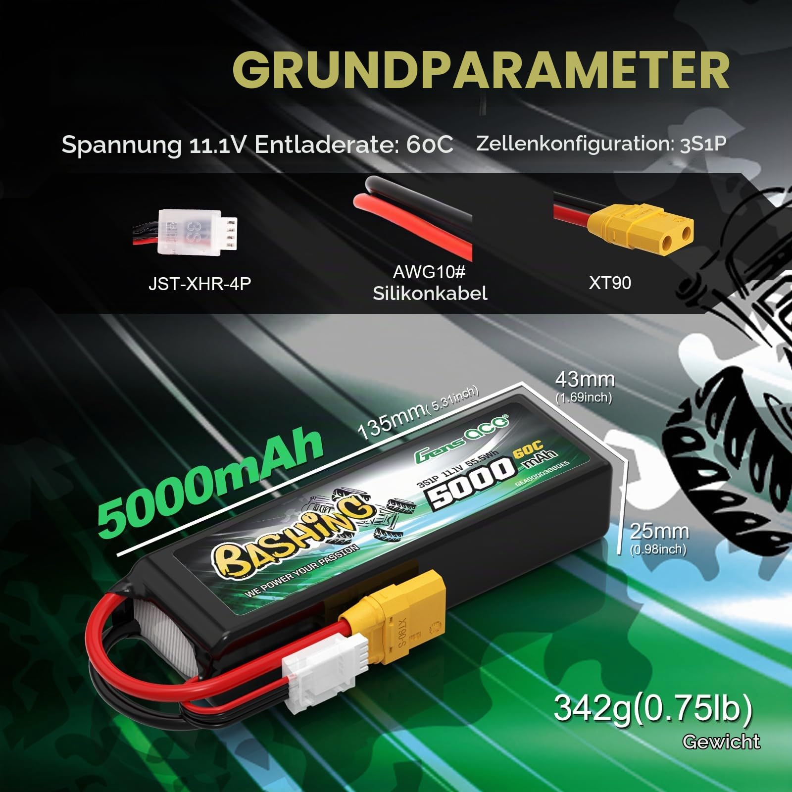 Gens Ace 3S LiPo Akku 11.1V 5000mAh 60C mit XT90 Stecker Bashing Batterie für RC Auto, RC Flugzeug, RC Hubschrauber, RC Hobby