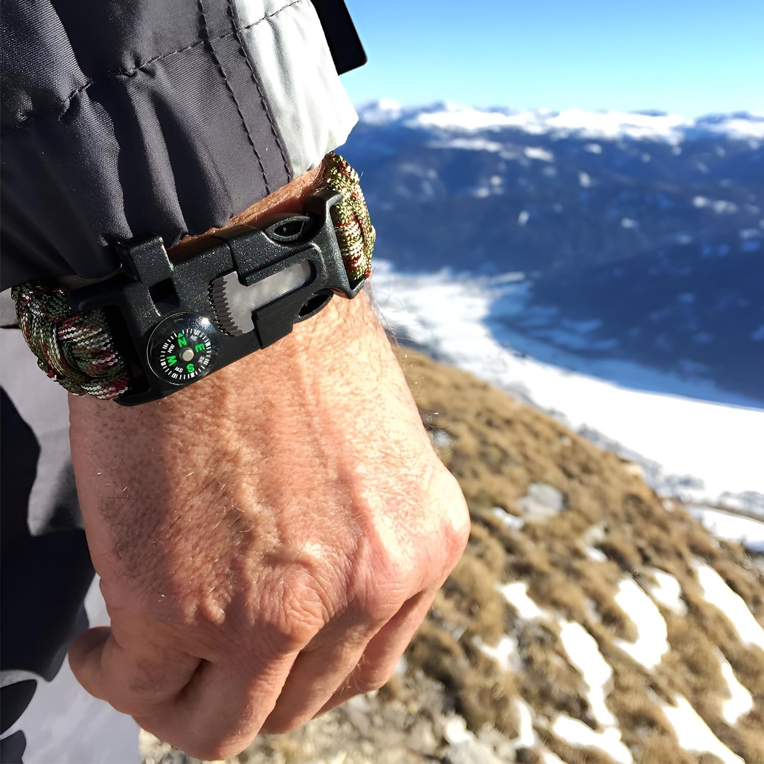 Pulsera de supervivencia de paracord 2 piezas, 5 en 1, cuerda de 3,5 m, piedra de fuego, brújula, silbato, mini cuchillo, ajustable al aire libre, senderismo, Trek