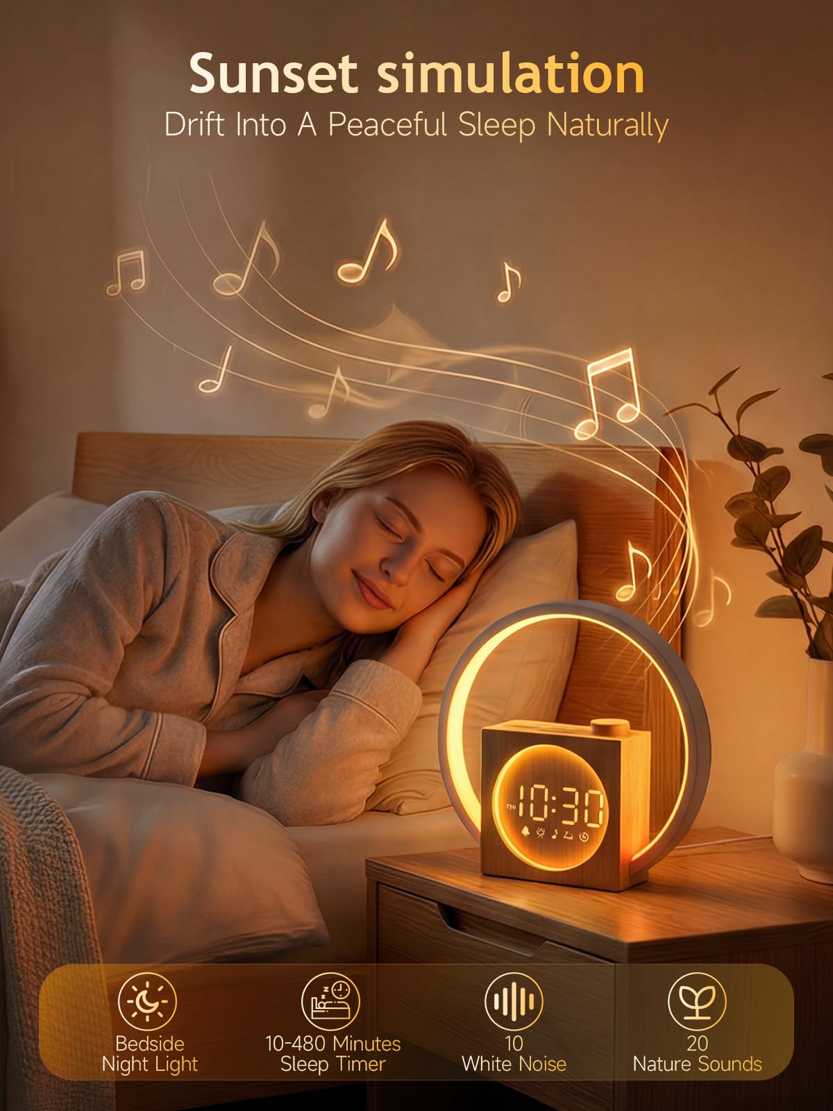 Despertador Amanecercon, Wake Up Light LED Simulación de Amanecer y Atardece, Luz Nocturnacon Control Táctil Regulable, 12 Modos de Luz, 30 Sonidos Relajantes, para Dormir, Función Alarma y Snooze