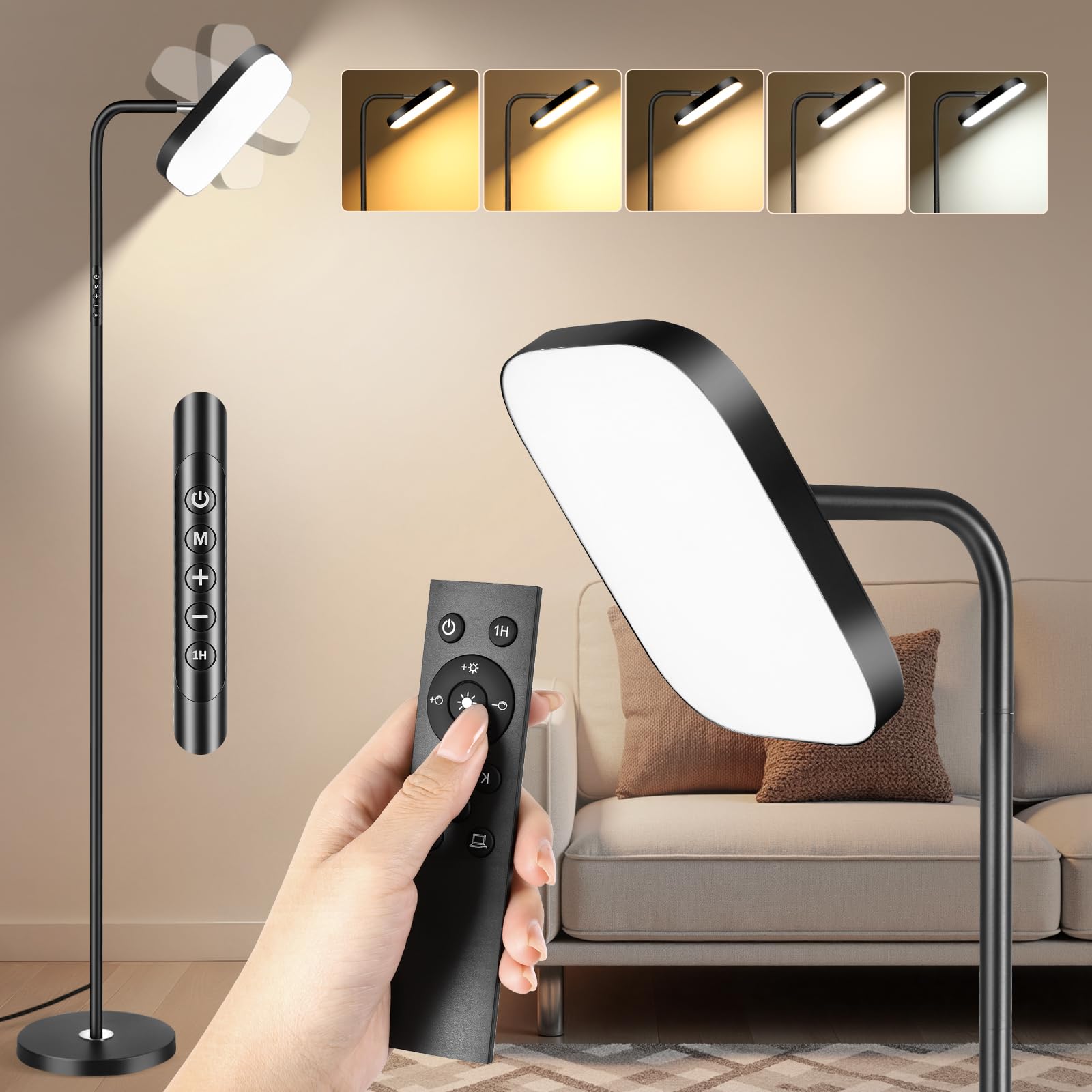 Lámpara de Pie LED Regulable 36W 3200LM con Mando y Control Táctil - 5 Temperaturas Color - Luz para Leer Ajustable 360° en Salón, Dormitorio, Oficina - Negro