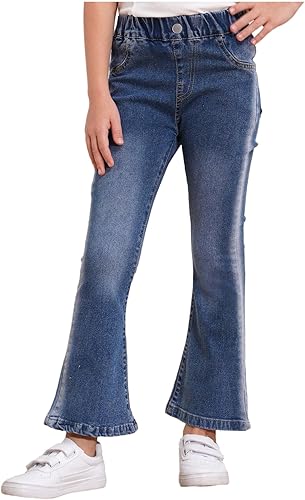 Kids Jeans Fashion Girls Slim-fit Flared Denim Pants Casual Elastic Waistband Bell-Bottom Wide-Leg Pants