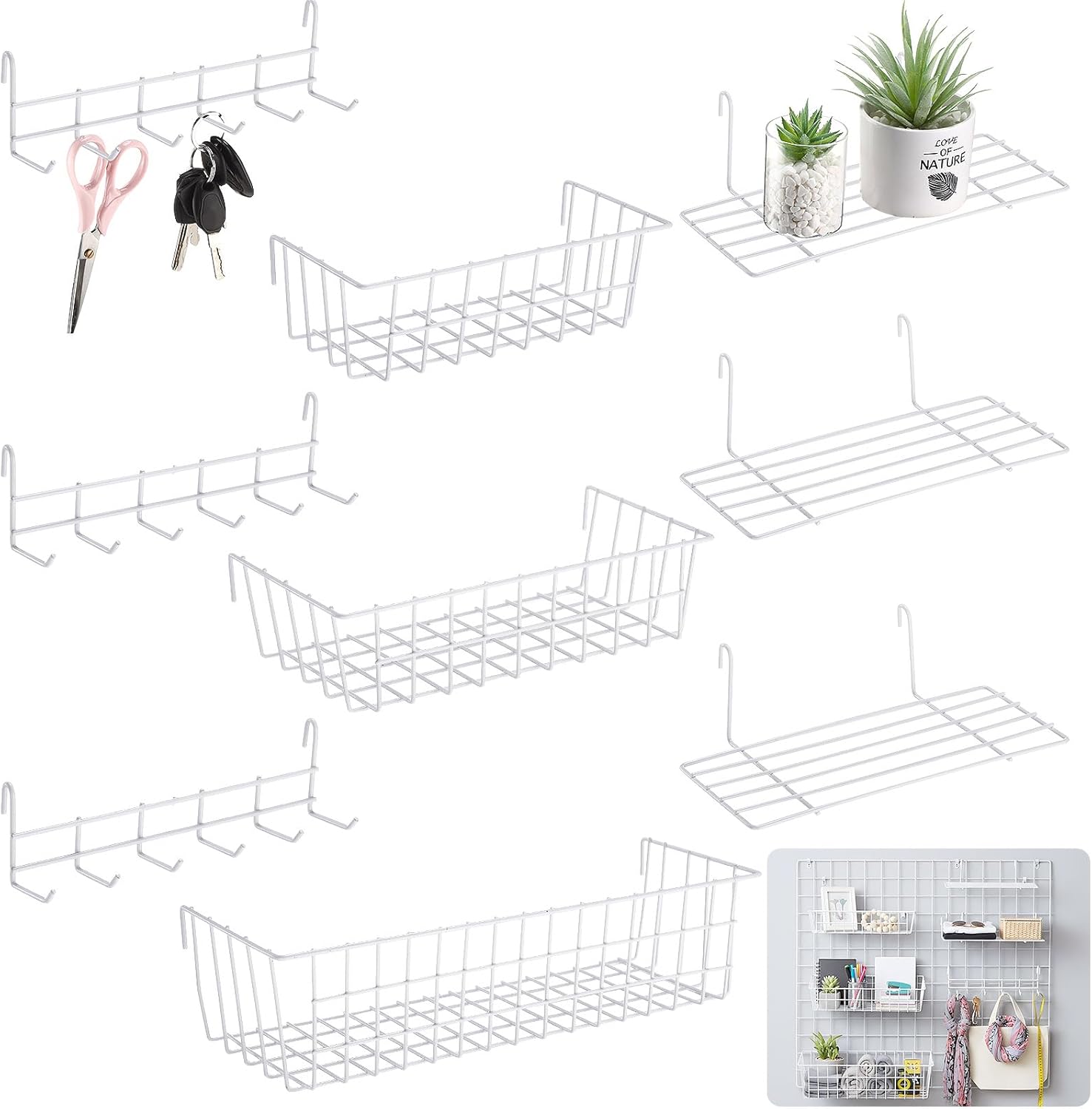 9 Pcs Grid Wall Shelves Gridwall Accessories Wall Grid Panel Hanging Basket with Hooks Set Includes 3 Basket 3 Wire Straight Shelf 3 Hooks Rack for Home Storage Display Organizer (White)