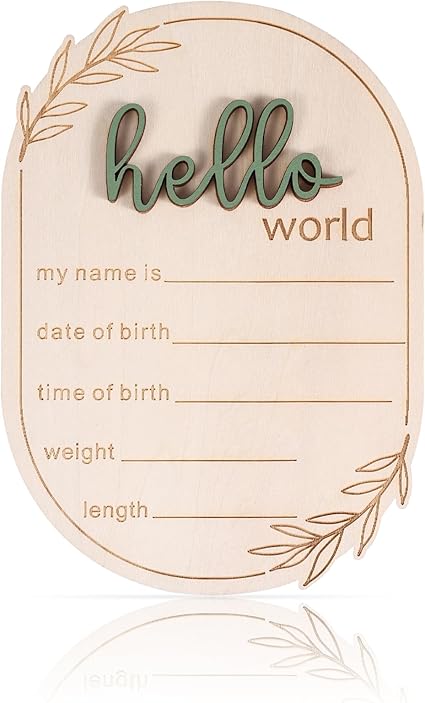 Baby Announcement Sign, 5.91x4.13 Inch Wooden Hello World Baby Name Sign Newborn Announcement Sign Birth Announcement Plaque for Home Hospital Nursery
