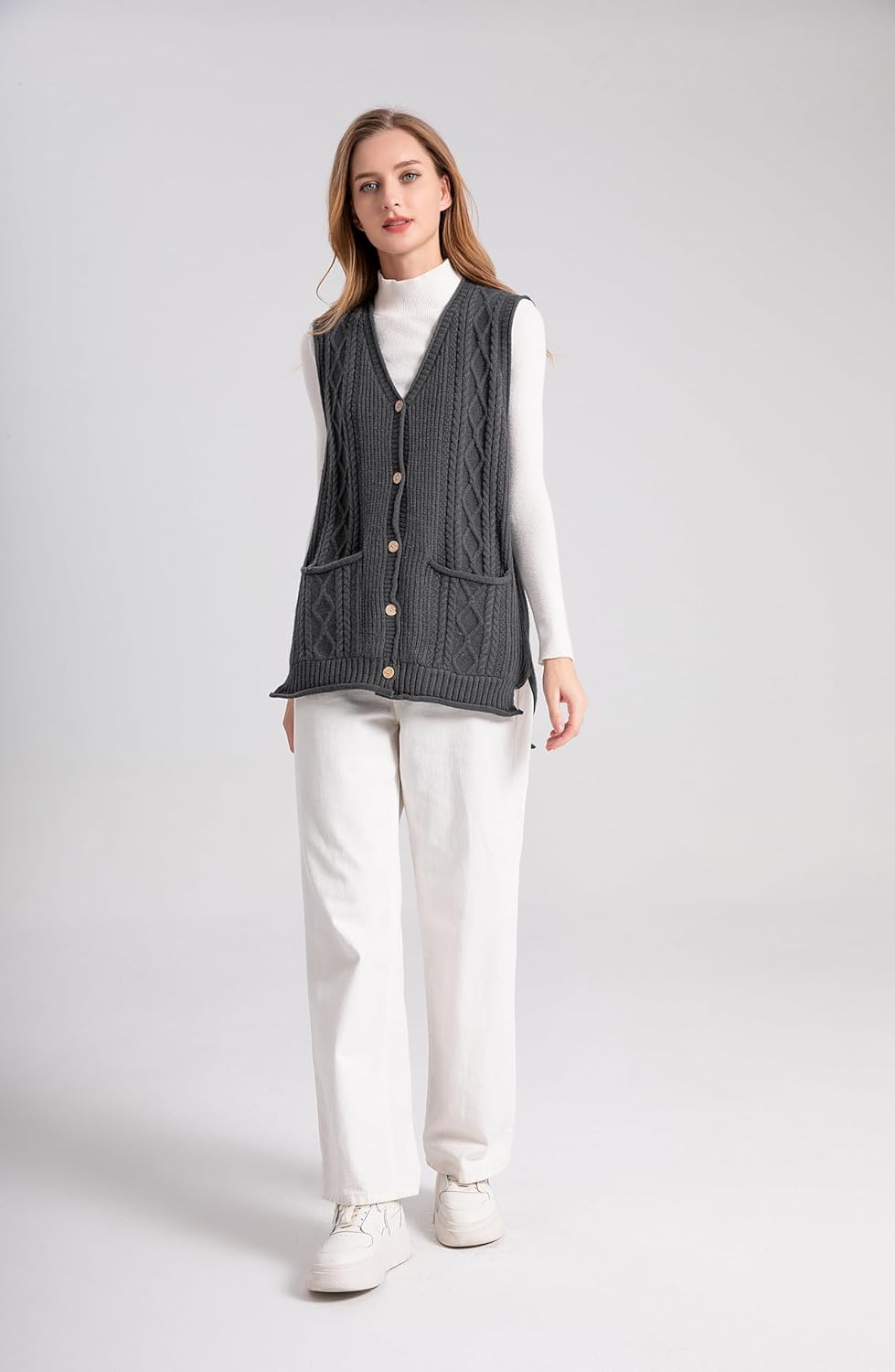 FTCayanz Women's Sweater Vest Button Down Cable Knit Cardigan Outwear
