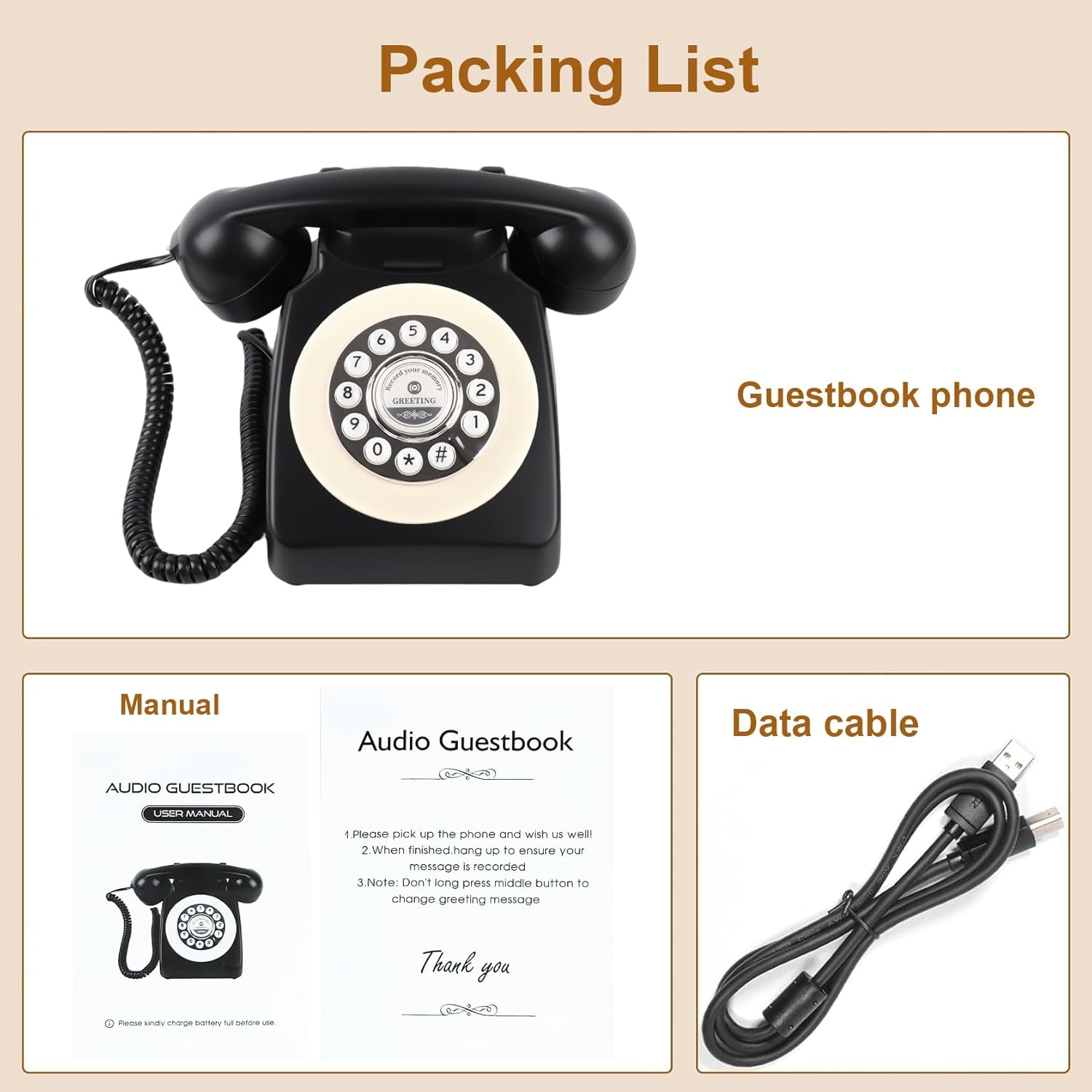 TelPal Voice Recording Audio Guest Book – Guest Book Phone for Weddings, Bridal Showers, Anniversaries | Retro Telephone Voice Recorder | USB Rechargeable Memory Phone | Unique Wedding Gift (Black)