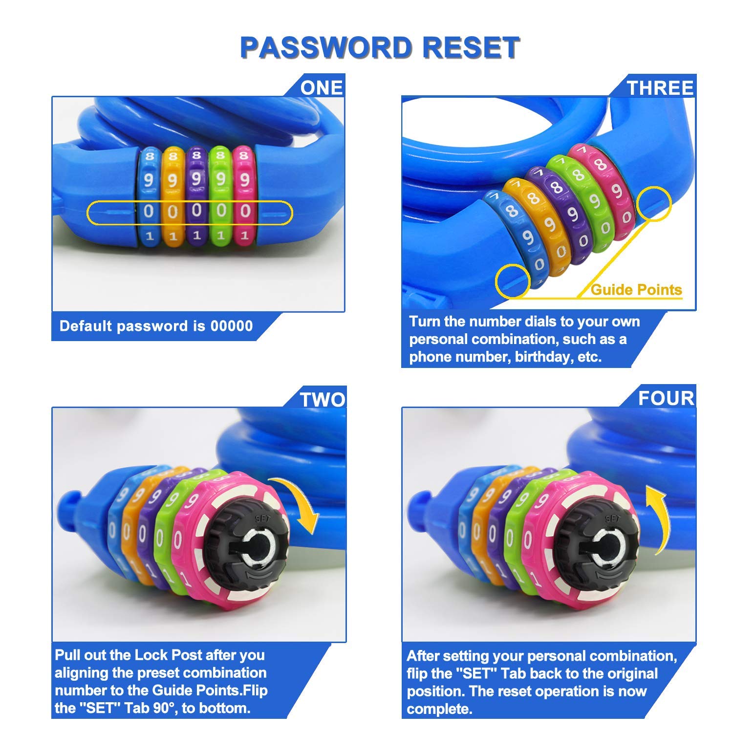 GOLDPOOL Bicycle Lock Combination Lock, 1200 mm x 12 mm, 5-Digit Combination Code, Multicolor, Self-Retracting - Image 4