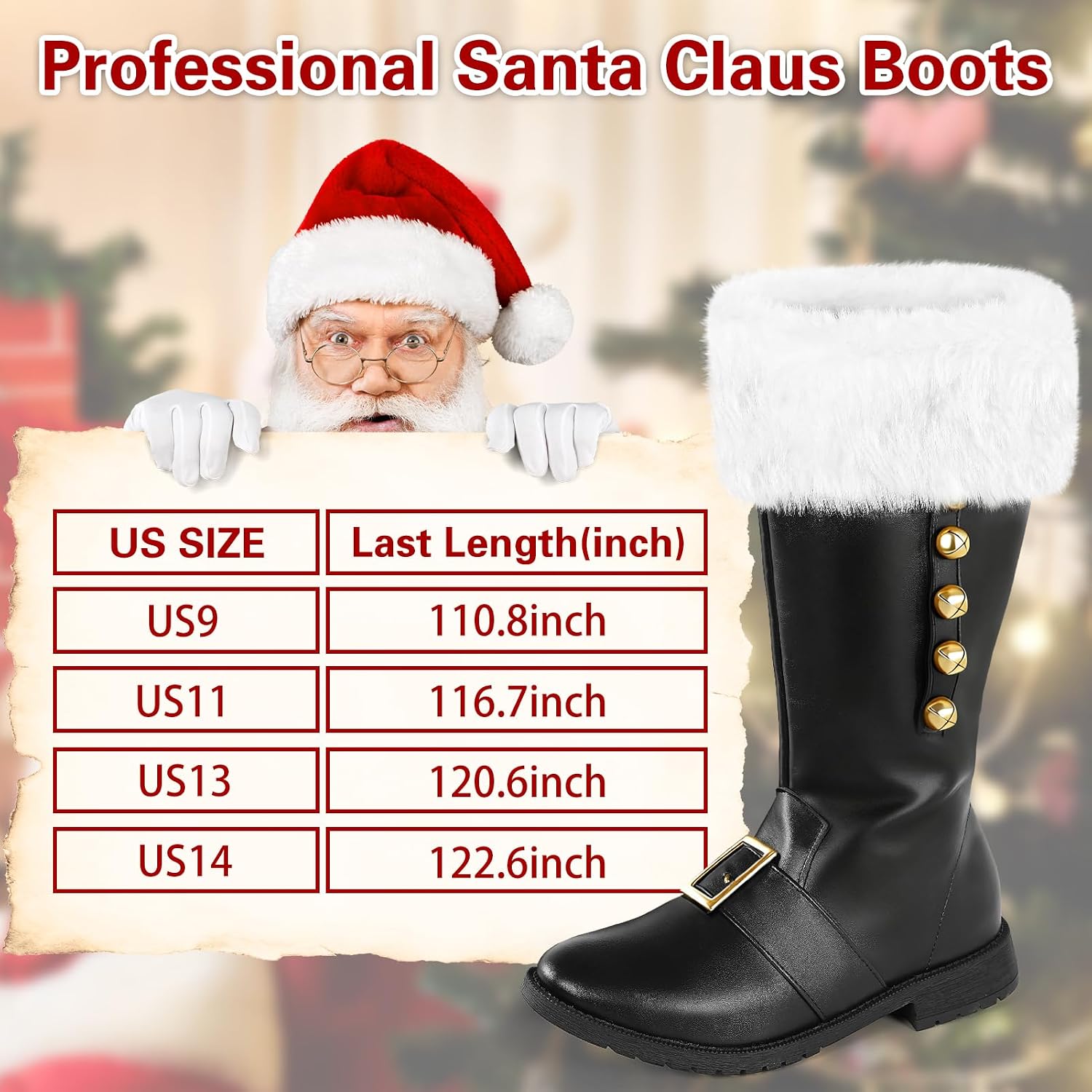 Santa Boots Men Christmas Shoes Adult Black Santa Claus Boots Costume Accessory Wide for Cosplay Xmas