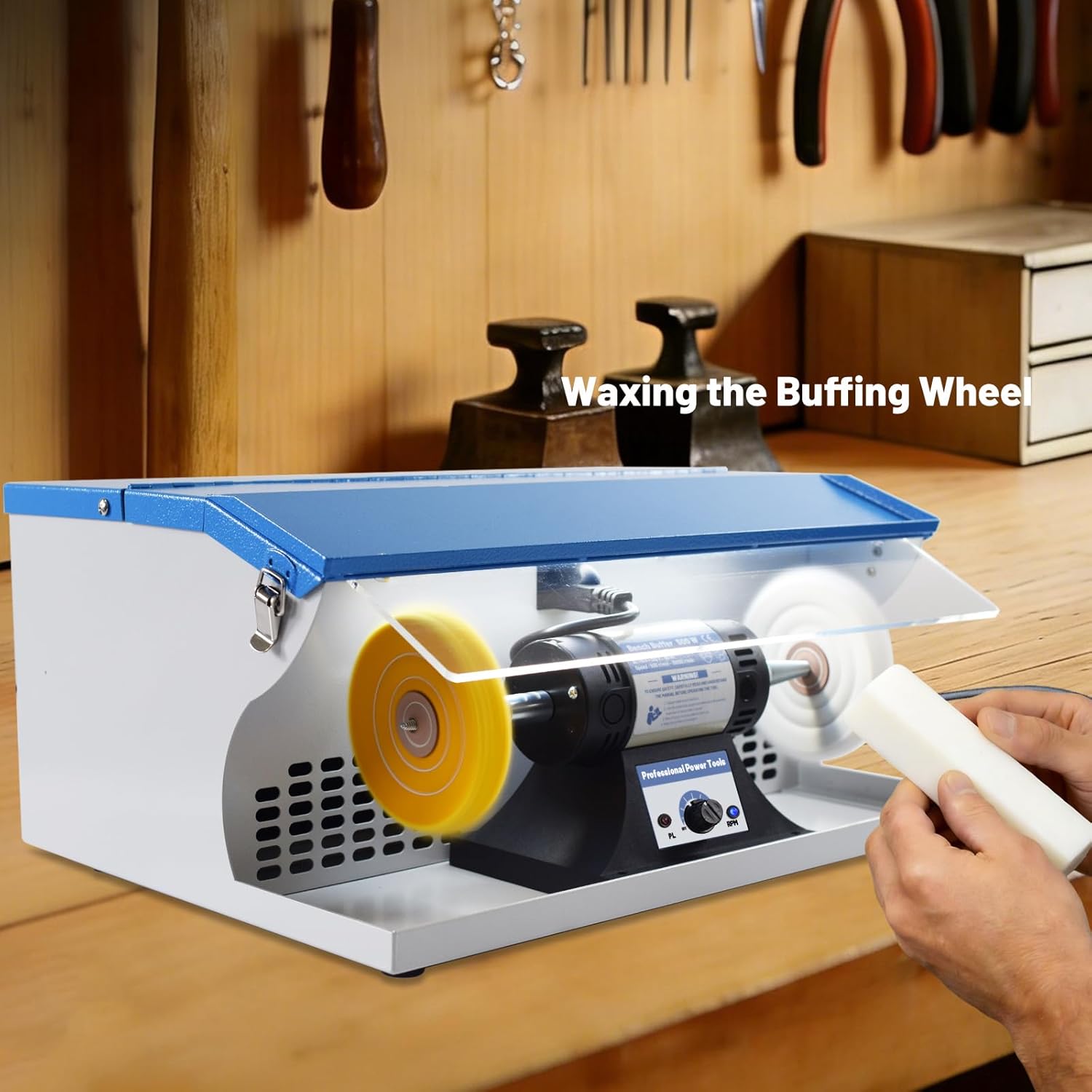 500W Jewelry Polisher with Dust Collector, Variable Speed Bench Polishing Machine, Profesional Desktop Buffer Motor with Buffing Wheels, Polish Compound, Safe Glasses for Jewelry and Metal
