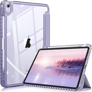 Fintie Hybrid Slim Case for iPad Air 5th Generation (2022) / iPad Air 4th Generation (2020) 10.9 Inch - [Built-in Pencil Holder] Shockproof Cover with Clear Transparent Back Shell, Violet