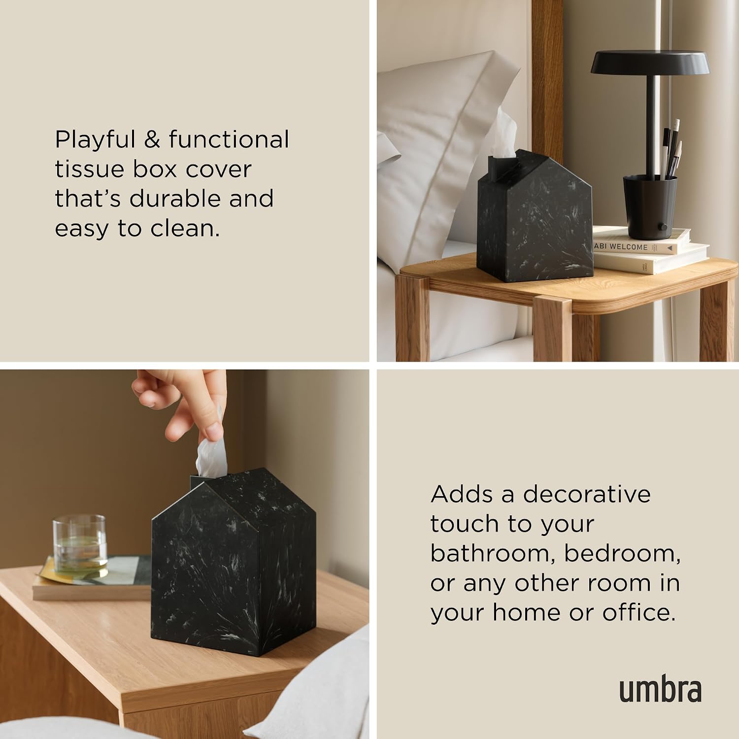 Umbra Casa Tissue Box Cover, Holder for Square Boutique Boxes, Ocean Black | Easy wipe clean, fits standard cube, bathroom and bedroom, low carbon footprint