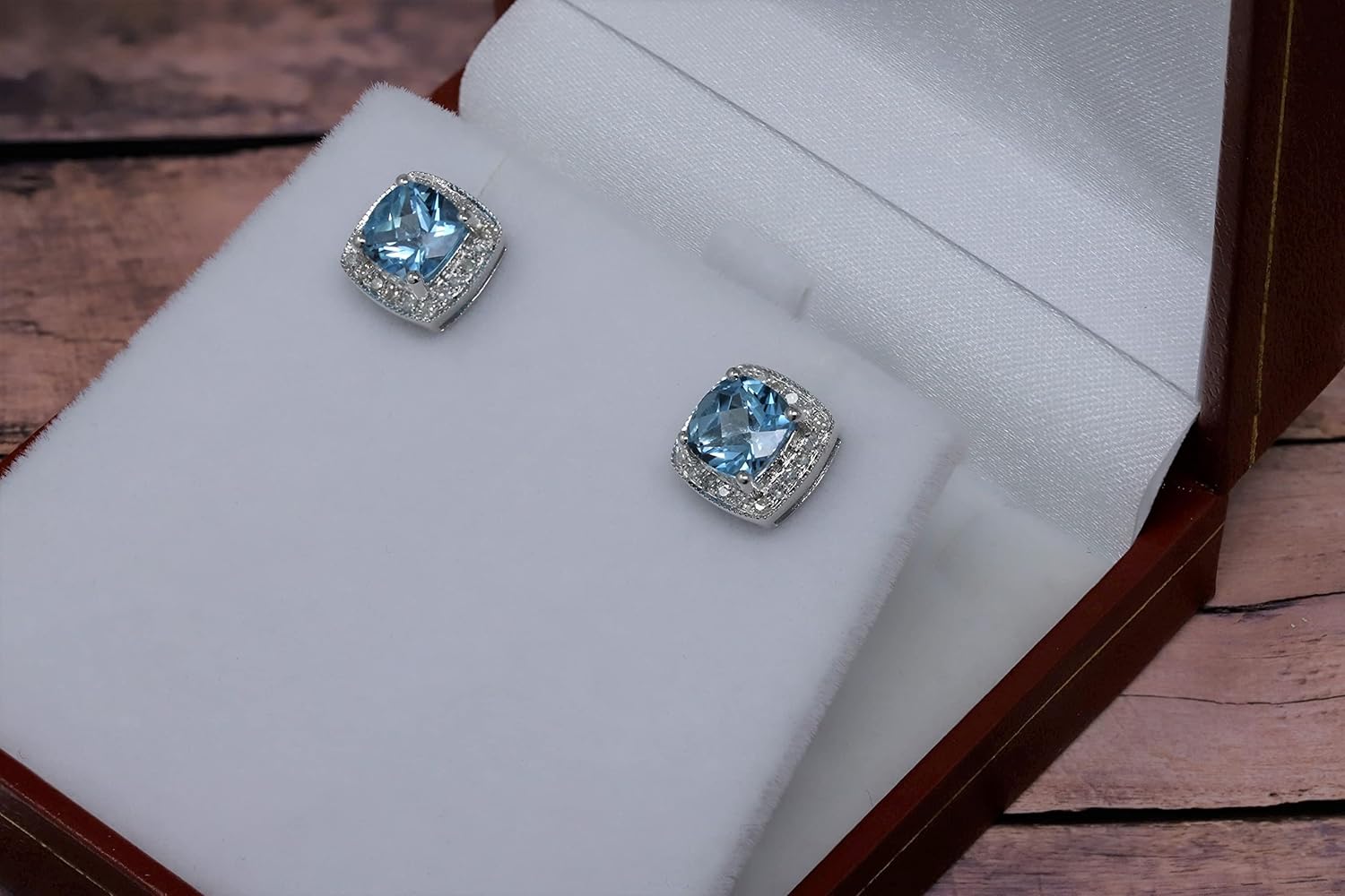 10K White Gold Genuine Blue Topaz Cushion 7 mm, Diamonds Studs Earrings - Image 3