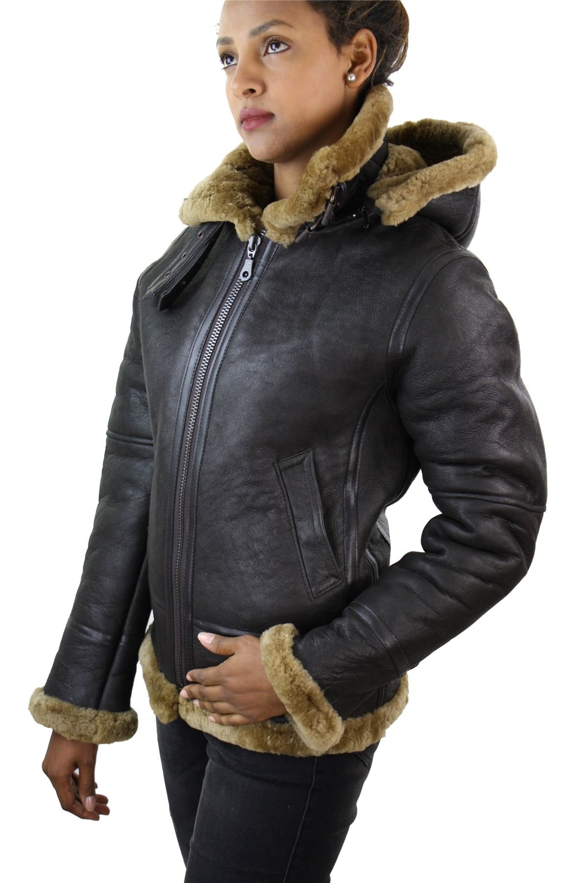 Infinity Leather Men's Ginger Ladies Aviator New Wo's Hooded Real Shearling Sheepskin Leather Jacket Large