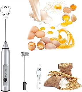 Hionyar ミルク泡立て器 ハンドヘルド 電動泡だて器 小型 ミキサー 卵 コーヒー ミルク 牛乳 ミニコーヒー攪拌機 3段階スピード調節 USB充電式 2つの攪拌ヘッド付き (シルバー)