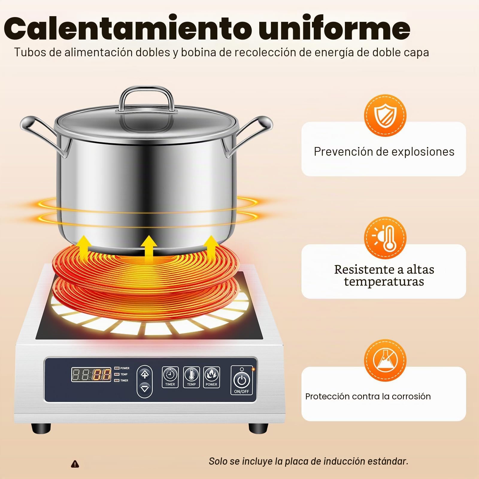 Placa de inducción 3500 W, 35 cm, cocina eléctrica de inducción, 75 kg, grande, profesional, placa de inducción, 1 placa para diámetro de 12 – 30 cm, magnética, plana, acero inoxidable, esmaltada