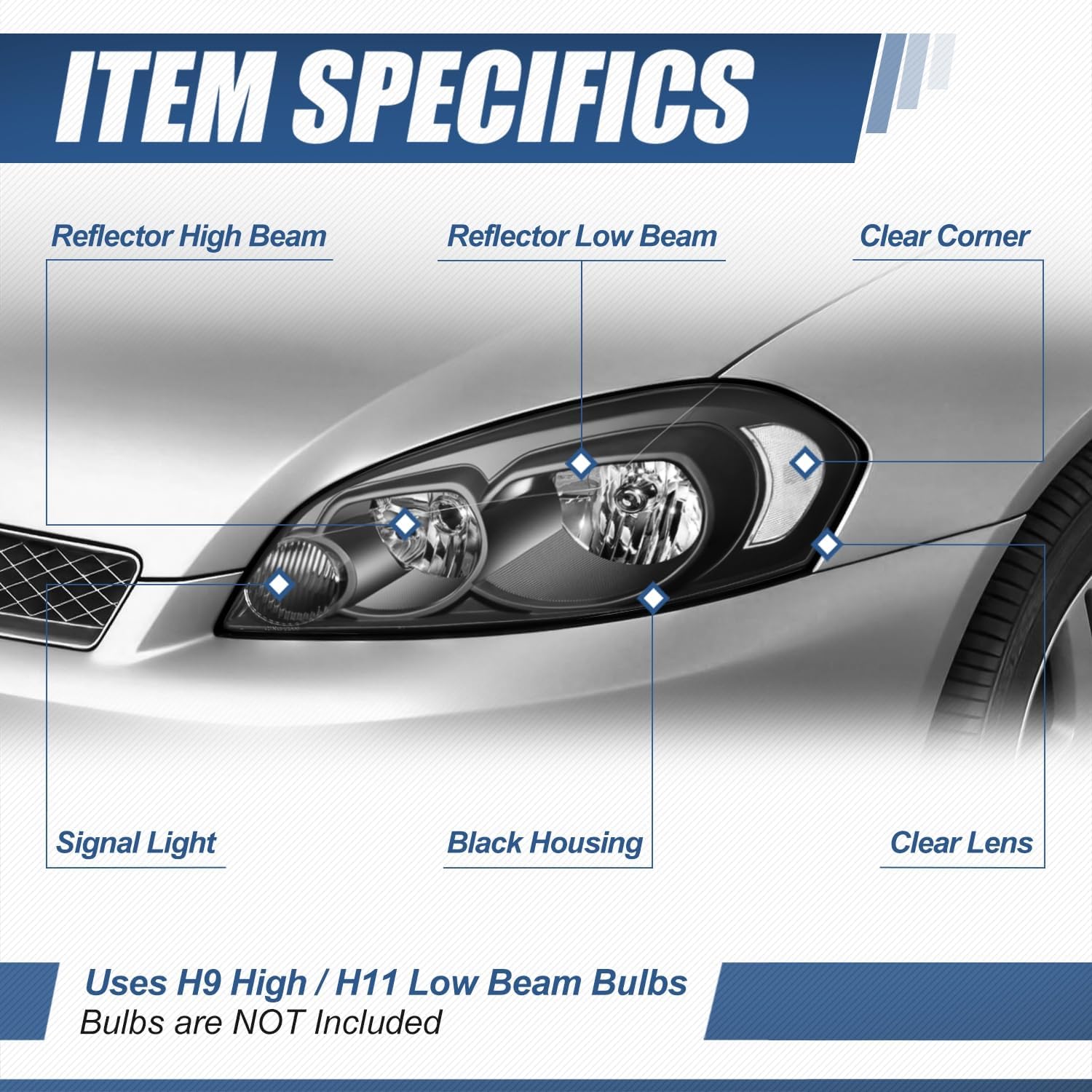 Auto Dynasty Headlights Assembly Compatible with 2006-2016 Chevy Impala/Impala Limited Monte Carlo, Driver and Passenger Side Halogen Headlamps Replacement, Black Housing Clear Corner