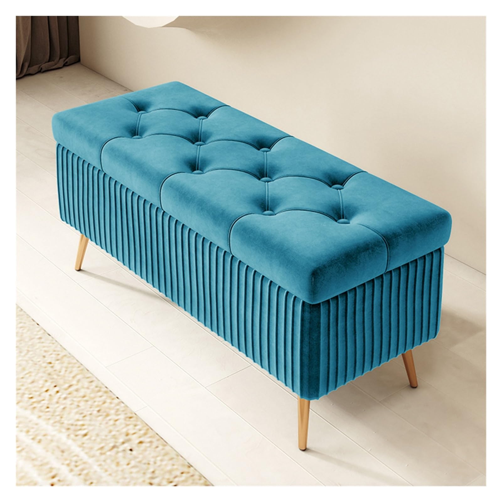 WDSOPK Velvet Storage Bench Foot Stool for Living Room,Upholstered Storage Ottoman with Golden Legs,Rectangular Storage Chest Velvet Footstool for Entryway（Blue-60cm）