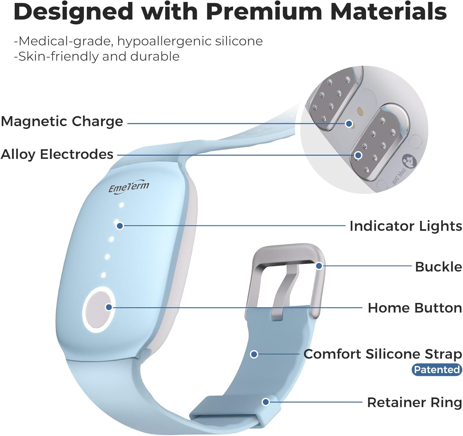 EmeTerm Fashion FDA-Cleared Relieve Nausea Electrode Stimulator Morning Sickness Motion Travel Sickness Vomit Relief Rechargeable No Gel Drug Free Wrist Bands Without Side Effects