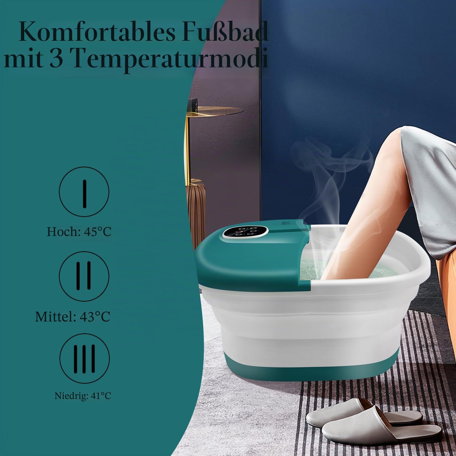 HOMASIS 500W Fußbad mit Massage & Heizung, faltbares Fußmassagegerät Fußsprudelbad mit Massagerollen, Bimssteinen, Elektrisches Fussbad 41/43/45°C, Fußbadewanne Timer 20/60 Minuten (Türkis)