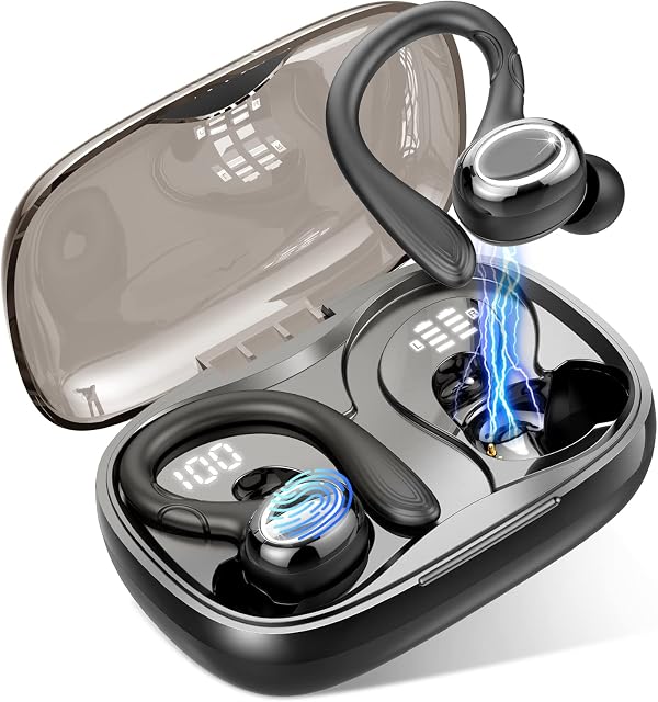 Wireless Earbuds, Rulefiss Bluetooth 5.3 Headphones Sport Wireless Earphones HiFi Stereo with HD Mic, Wireless Headphones 48H Noise Cancelling Ear Buds LED Display, IP7 Waterproof EarHooks for Running