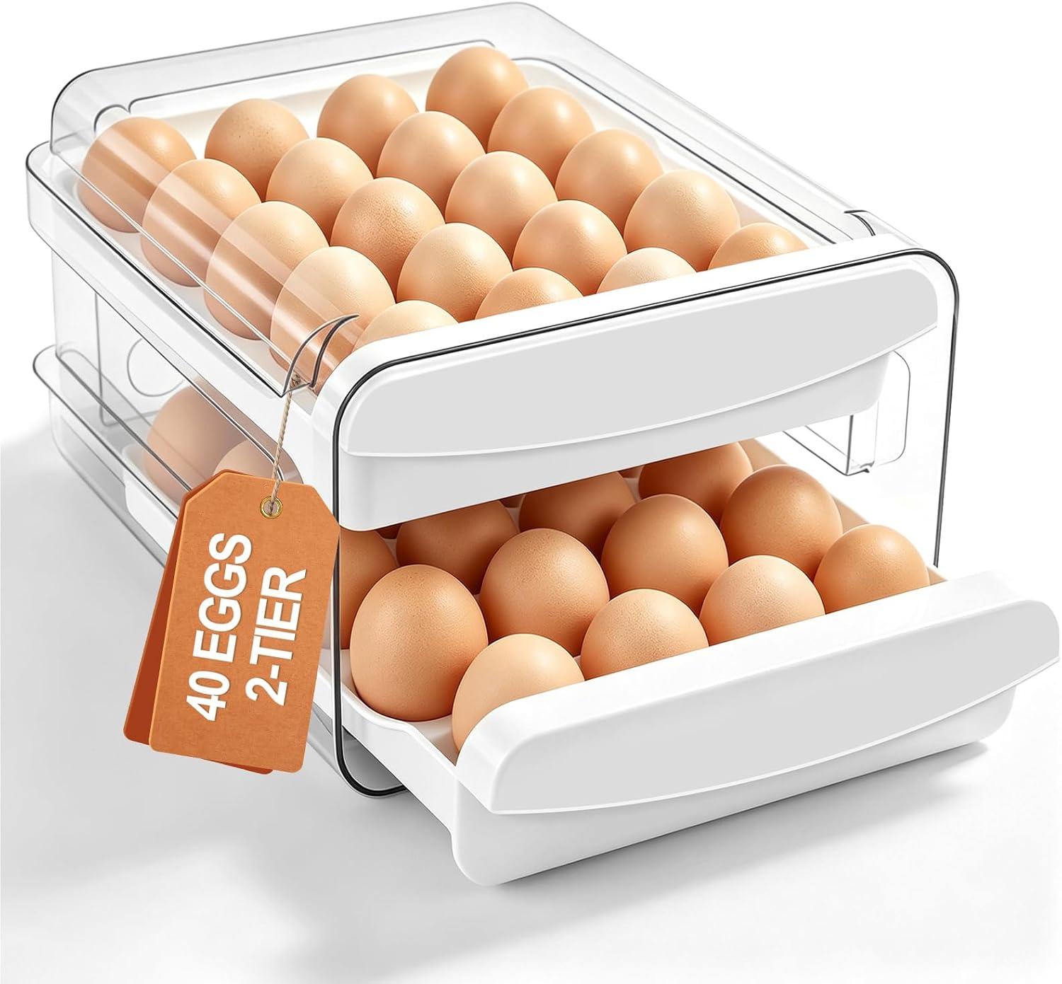 Egg Holder for Fridge, 40-Count Egg Organizer for Fridge with 2 Tier Drawer