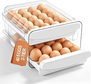 Egg Holder for Fridge, 40-Count Egg Organizer for Fridge with 2 Tier Drawer | Sturdy Egg Container for Refrigerator, Stackable BPA-Free Egg Storage for Refrigerator Kitchen Countertop Space-Saving