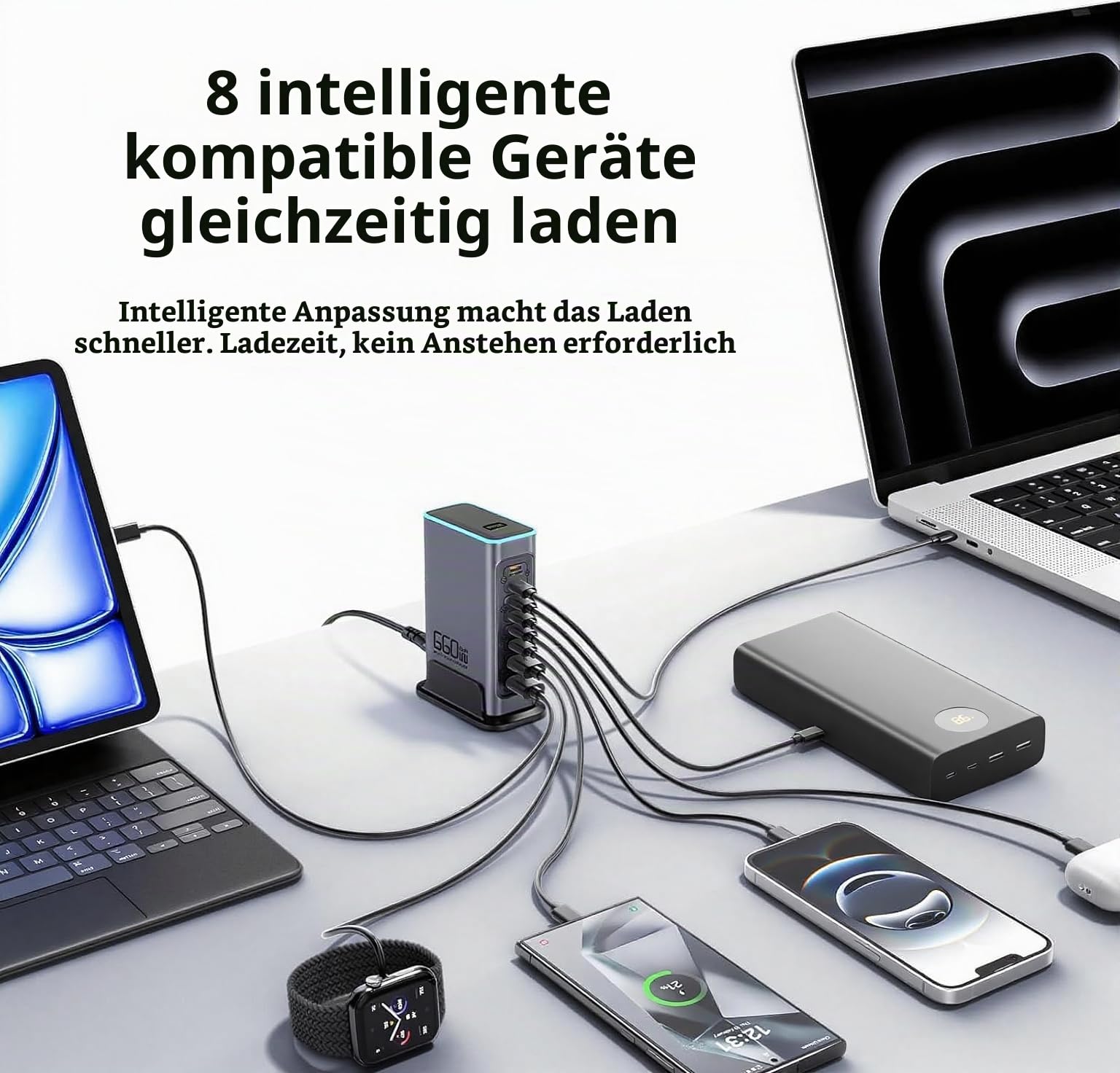 660W USB C Ladegerät Mehrfach, 8 Port GaN-Technologie Schnellladegerät PD 100W Ladestation Hub, USB Netzteil, kompatibel mit Laptop, MacBook/iPad/iPhone/Samsung