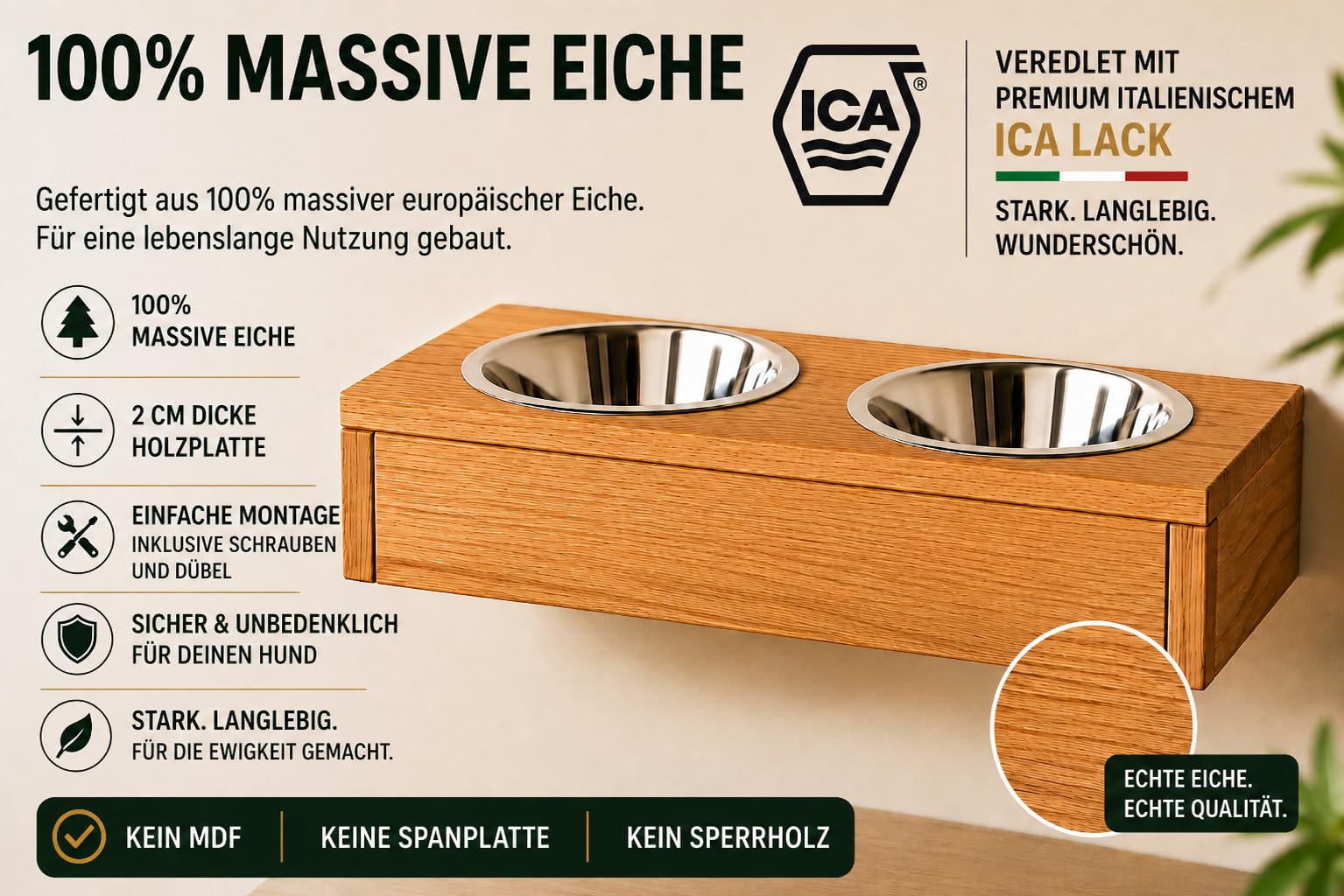 Comedero para perro montado en la pared de madera maciza de roble – Comedero colgante para perros con 2 cuencos de acero inoxidable de 2 × 1,5 L, comedero elevado para perros grandes