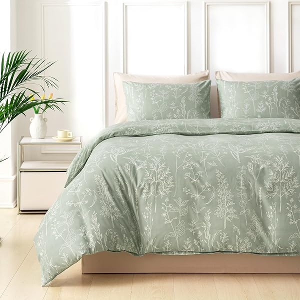Tokokimo Sage Green Double Duvet Set - Double Bedding Set, Floral Bedding Double Bed Set with 2 Pillowcases, Soft Microfiber Double Duvet Cover 200x200 cm - 1
