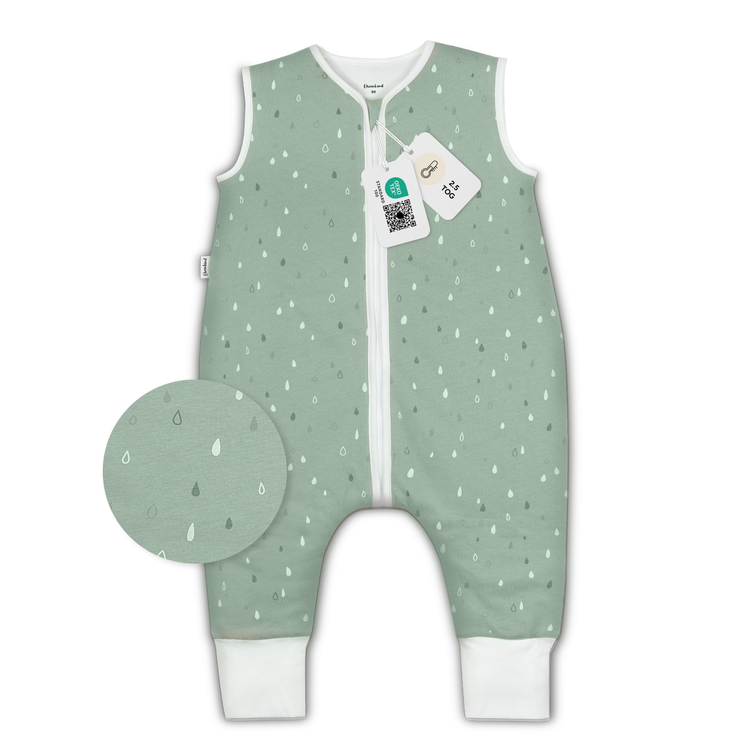 Ehrenkind® Babyschlafsack | Schlafsack mit Füßen 2.5 TOG | Bio-Baumwolle | Ganzjahres Schlafsack Baby Gr. 100 Farbe Jade Tropfen | Oeko-Tex | Schlafsack winter und Sommer Schlafsack Kinder