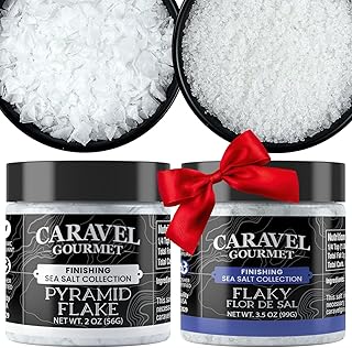 Flaky Sea Salt Gift Bundle - 2-Pack Fleur de Sel and Pyramid Flake Salt for Finishing & Cooking – Stackable 3.5 oz & 2 oz Pinch Jar by Caravel Gourmet