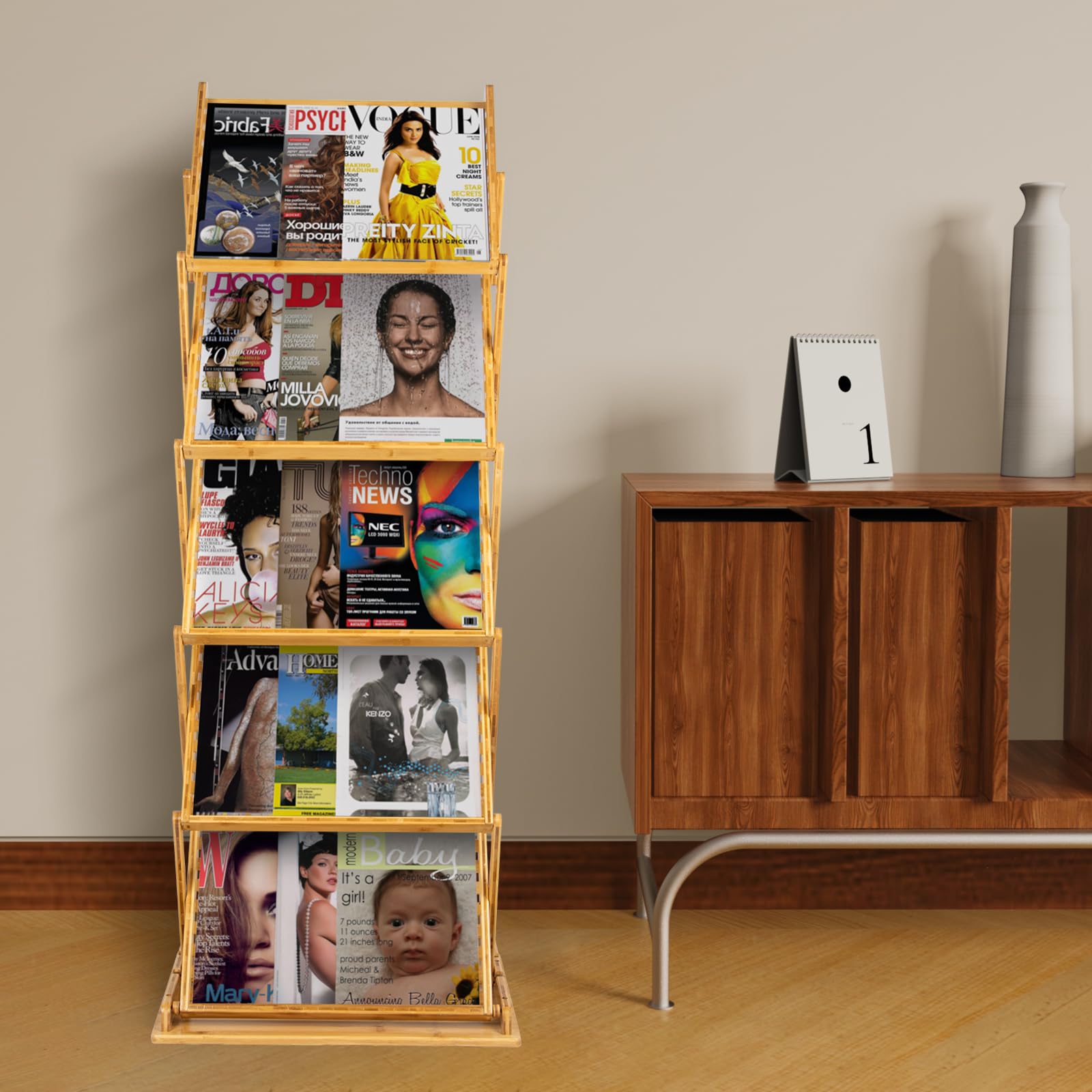 Espositore per Riviste Pieghevole, Portariviste da Terra in bambù, Portatile Espositore per Brochure 5 Scomparti A3 per Volantini, Riviste, Letteratura, Supporto Cataloghi per Fiere, Uffici