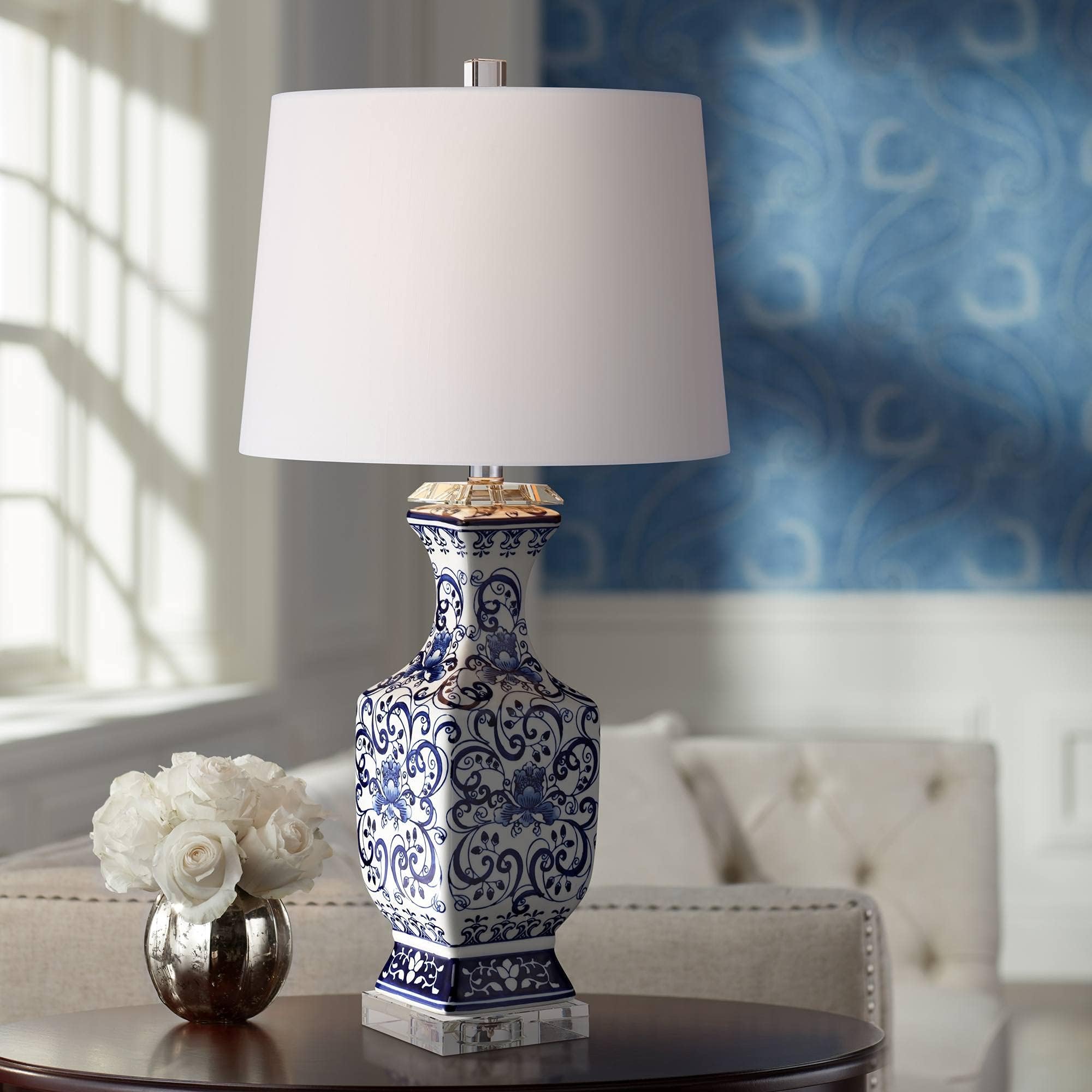 Iris Vintage Asian Chinese Style Table Lamp 28" Tall Porcelain Blue Floral Jar Geneva White Drum Shade Cottage Core Decor for Living Room Bedroom House Bedside Nightstand Home Office