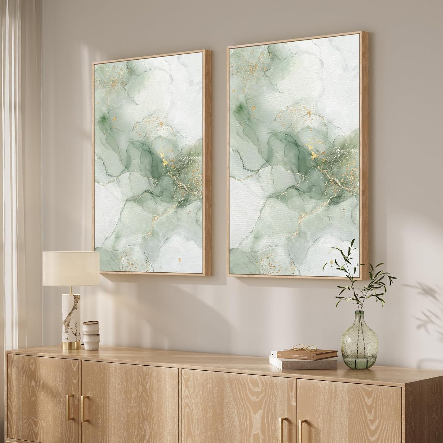 Framed Sage Green Abstract Wall Art Set of 2 for Living Room, Large Modern Neutral Gold White Canvas Print Artwork for Walls, Minimalist Nordic Rustic Farmhouse Wall Decor for Bedroom Office, 24x36 In 24" W x 36" H x 2Pcs Green White
