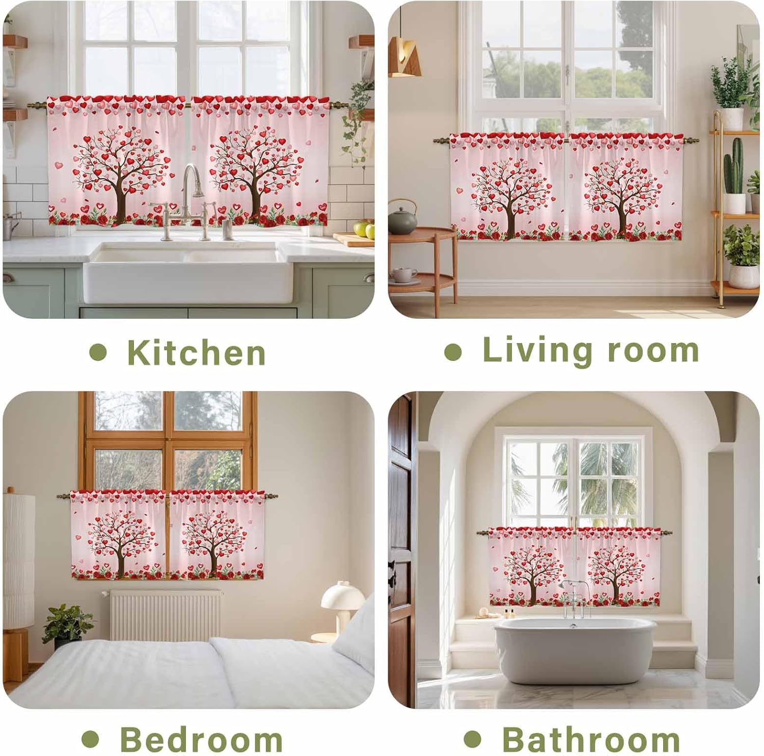 Valentine's Day Kitchen Tier Curtains 36 Inch Long 2 Panel Set,Rod Pocket Half Window Curtains Over Sink,Pink Romantic Red Love Trees Roses Light Filtering Short Drapes for Bathroom Cafe 27.5"W x 36"L