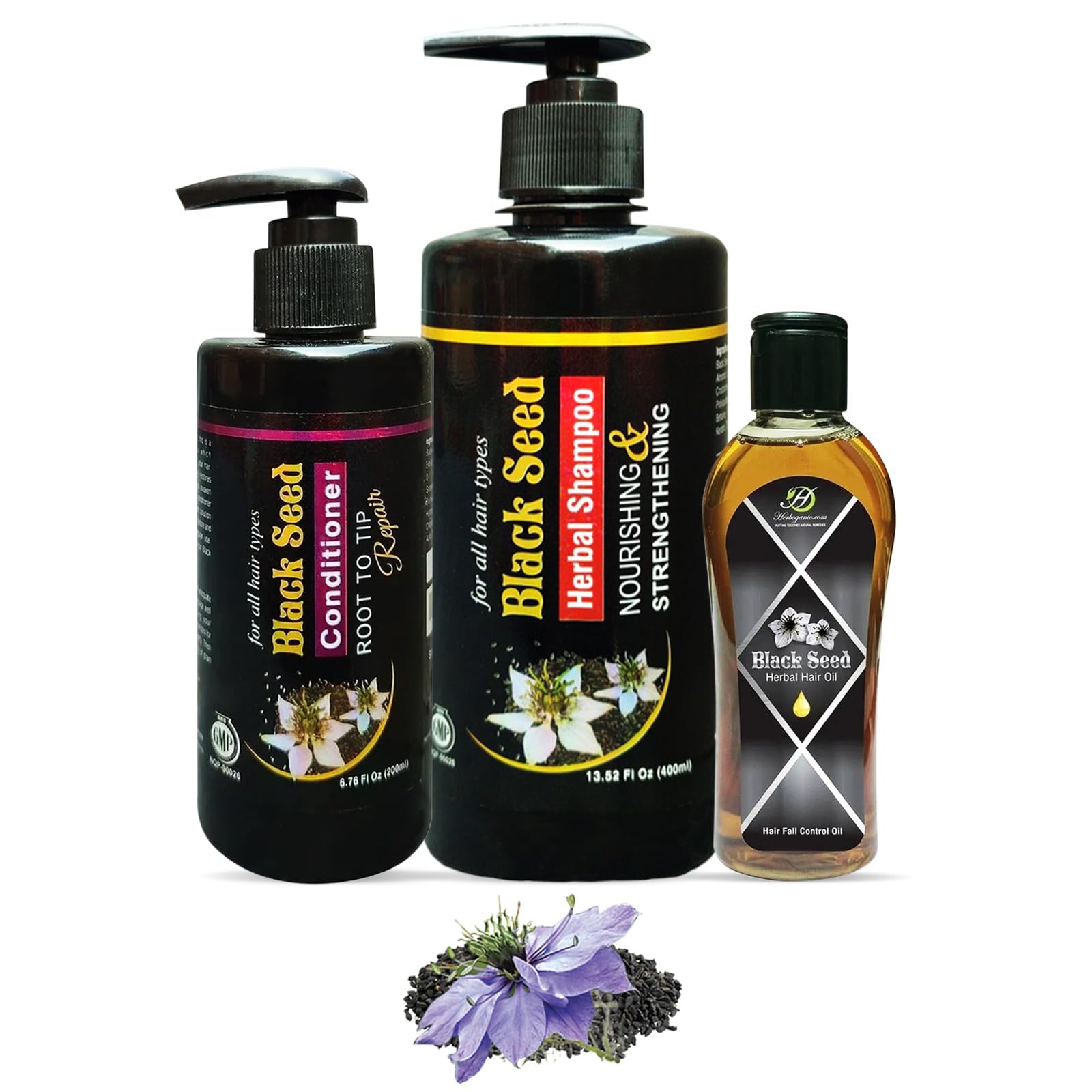Herboganic Black Seed Hair Care Bundle: Nourish, Strengthen, and Revitalize Your Hair with Black Seed Herbal Shampoo 13.5 Oz, Black Seed Conditioner 6.7 Oz and Black Seed Hair Oil 5 Oz.