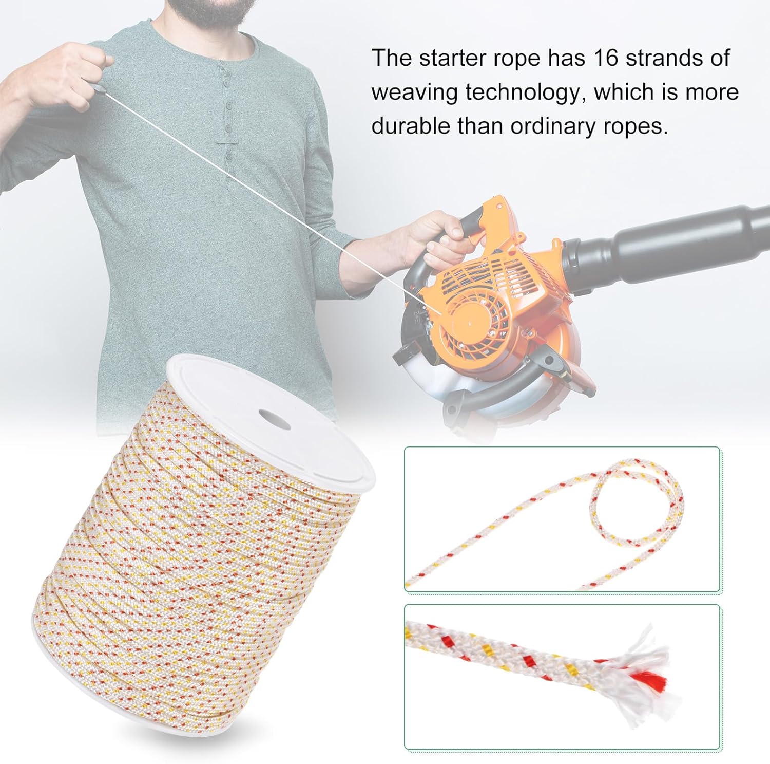 M METERXITY Recoil Starter Rope Pull Cord 4mm 100m Pull Starter Rope Nylon Pull Cord Pull Starter Rope for Mower/Chainsaw/Trimmer/Brush Cutter [White Red Yellow]