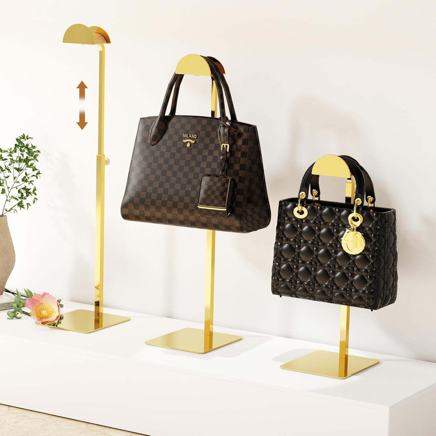 3 Pack Purse Display Stand, Adjustable Height 14.27"–24" Handbag Stand Stainless Steel with Wood Hook for Closet, Vanity & Retail Display – Gold