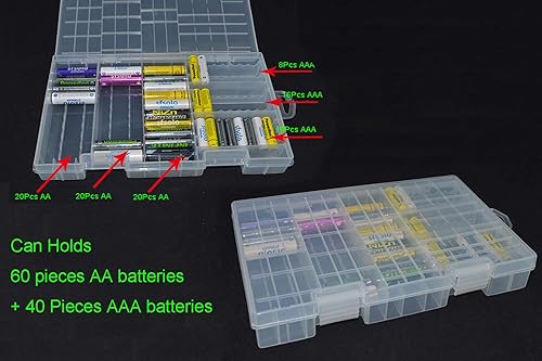 Miniatura 2 de YXQ Caja de almacenamiento de baterías AA AAA, soporte organizador de plástico transparente, portátil, capacidad para 60 pilas AA + 40 pilas AAA