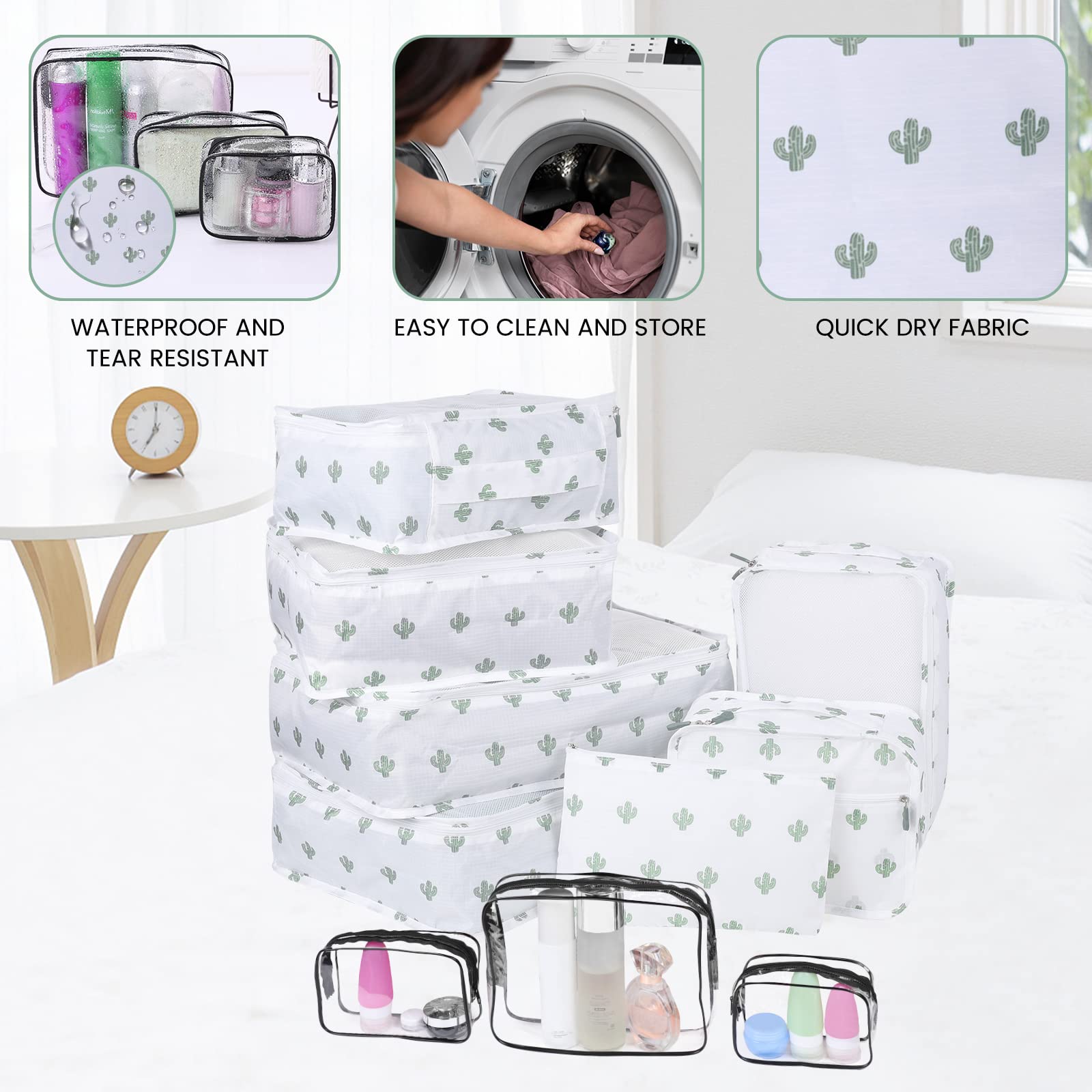 Enloffi Organizer Valigie 10 Pezzi Set Sistema di Cubo di Viaggio Impermeabili Viaggio Accessori Utili per Vestiti Scarpe Biancheria Intima Cosmetici Set di Valigie Portaoggetti, Cactus Bianco