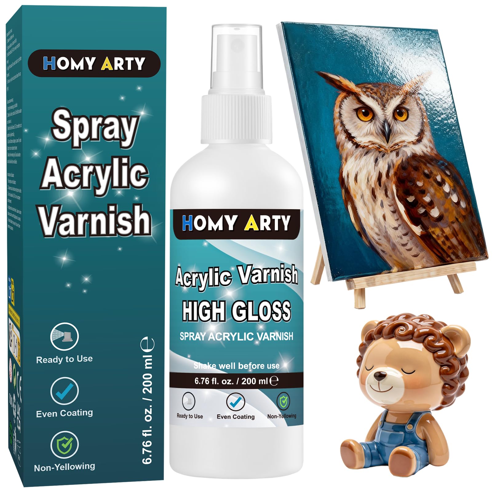 HOMY ARTY Barniz Acrílico en Spray, Barniz de Alto Brillo para Pintura Acrílica, Spray Transparente con Acabado Brillante para Protección Duradera, Listo para Usar en Arcilla y Obras de Arte, 200 ml