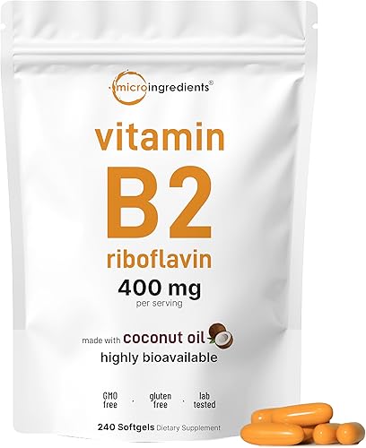 Vitamina B2, riboflavina 400 mg  240 cápsulas blandas con aceite de coco  Altamente biodisponible  Suplementos energéticos de vitamina B extra