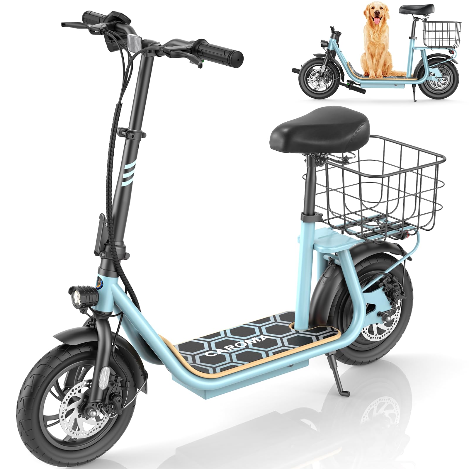 CaromaElectric Scooter with Seat, Max 30 Miles Range&20MPH Speed, Peak 800/1200W Motor, Foldable Electric Scooter for Adults and Teens, Commuter E Scooter with Basket&Adjustable Kid Seat
