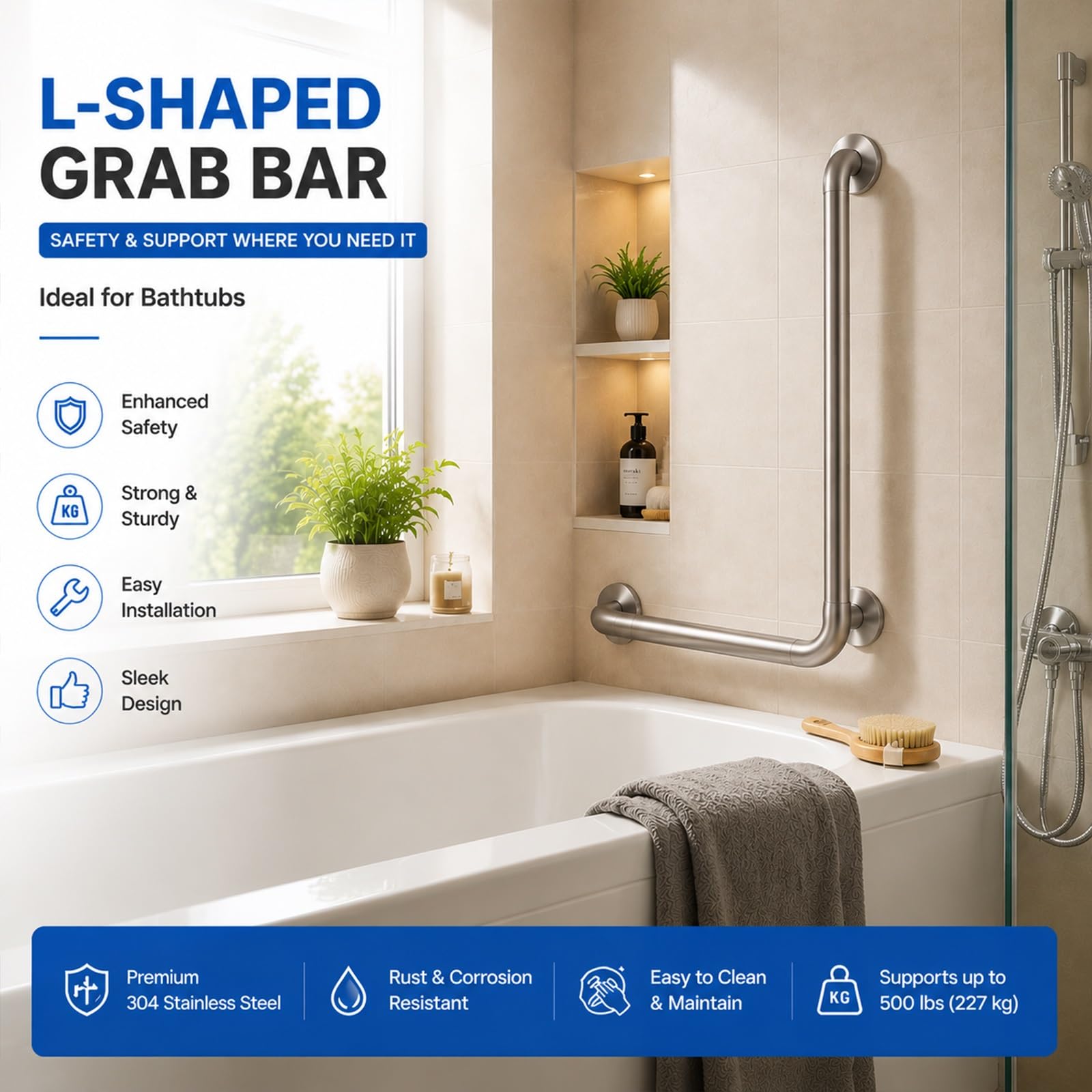 Barras De Agarre para Ducha, Barras De Seguridad ADA De Acero Inoxidable 304 para Bañeras, Duchas Y Sanitarios; Asa Texturizada para Personas Mayores(70 * 70cm)